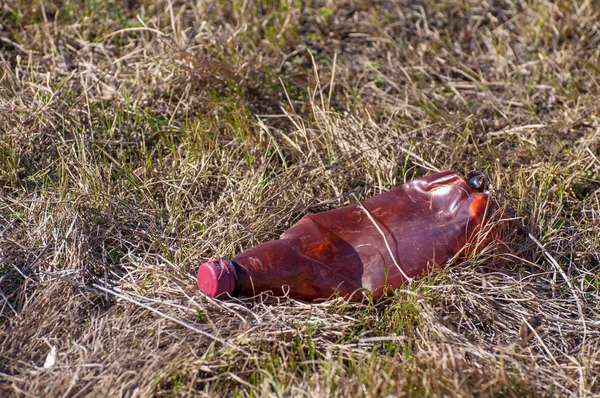 Gebruikte plastic fles liggend op het gras. Het mondiale probleem van milieuvervuiling. — Stockfoto