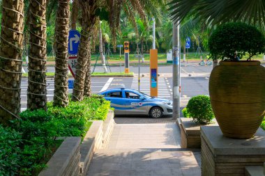 Haikou, Hainan, Çin-Mayıs 12, 2019: mavi taksi arabası bekleyen yolcu. Cadde yoğun tropikal bitki örtüsü kenarları boyunca, palmiye ağaçları.