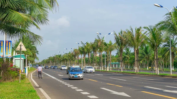 Haikou, Hainan, China - May 12, 2019: Nice view of the roadway. On the dividing line, green tropical palm trees are reinforced with metal structures to protect against frequent typhoons.