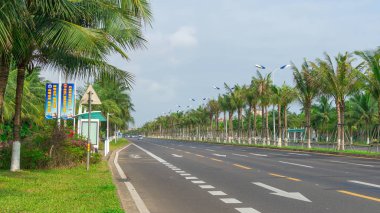 Haikou, Hainan, China - May 12, 2019: Nice view of the roadway. On the dividing line, green tropical palm trees are reinforced with metal structures to protect against frequent typhoons.