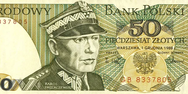 Porträtt av Karol Swierczewski från en sedel på 50 polska zlotys 1988 av release. Zloty är Polens nationella valuta. Framsida. — Stockfoto