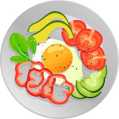 Baharatlı yumurta, domates, salatalık, yeşillik, biber ve avokado.