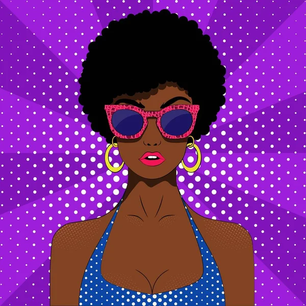 女の子でポップアートスタイルで眼鏡で紫色の背景 — ストックベクタ