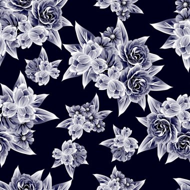 Sorunsuz vintage tarzı çiçek deseni. Kontur çiçek öğeleri