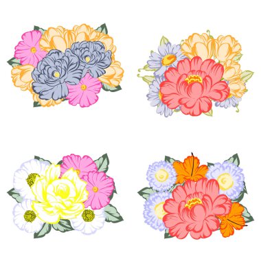 Beyaz arka plan üzerinde izole dört renkli çiçek buketleri kümesi