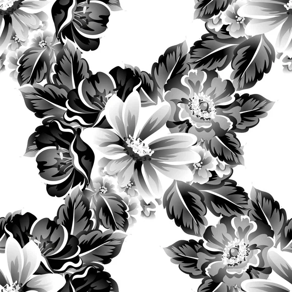 Seamless Vintage Style Flower Pattern Floral Elements Contour — Stock Vector