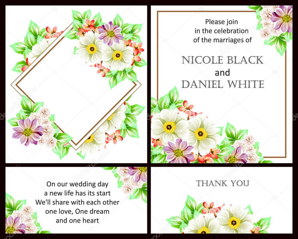 Vintage style flower wedding cards set. Floral elements in color