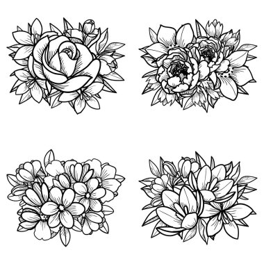 Süslü çiçek buketleri illüstrasyonlar kümesi