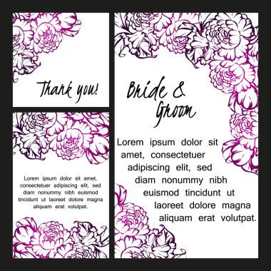 Klasik çiçek düğün kartları seti. Çiçek elementleri ve çerçeveleri.