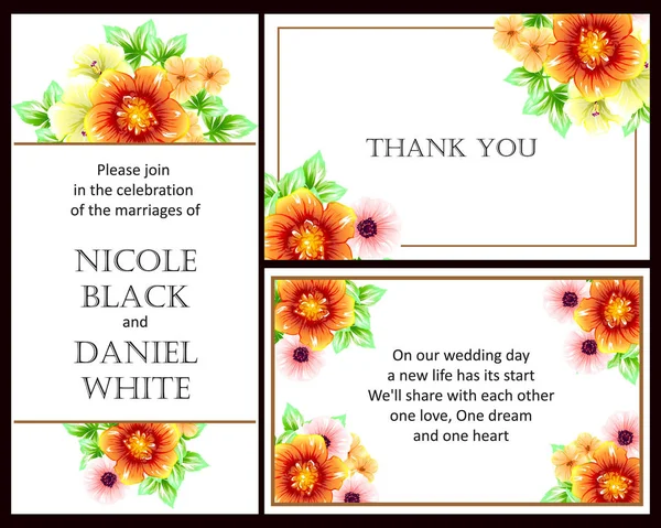 Conjunto Tarjetas Boda Flores Estilo Vintage Elementos Florales Color — Vector de stock