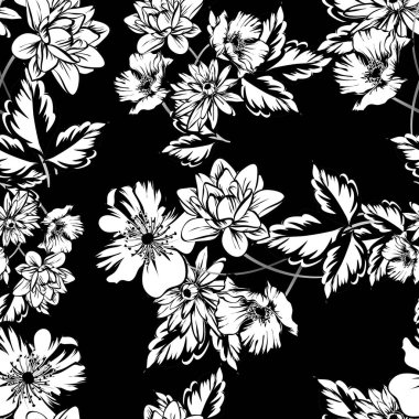 Sorunsuz vintage tarzı çiçek deseni. Kontur çiçek öğeleri