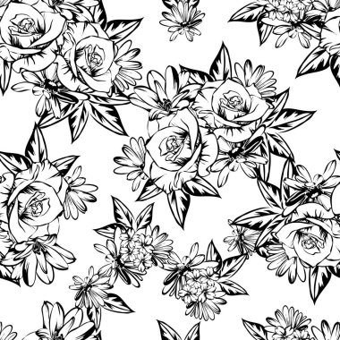 Sorunsuz vintage tarzı çiçek deseni. Kontur çiçek öğeleri
