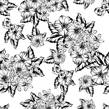 Sorunsuz vintage tarzı çiçek deseni. Kontur çiçek öğeleri
