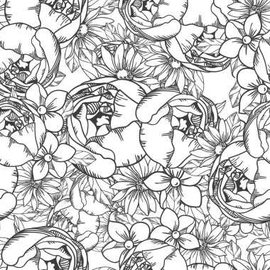 Sorunsuz vintage tarzı çiçek deseni. Kontur çiçek öğeleri