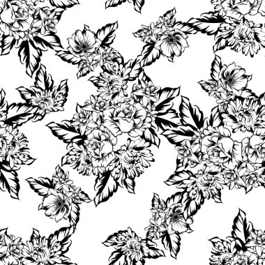 Sorunsuz vintage tarzı çiçek deseni. Kontur çiçek öğeleri