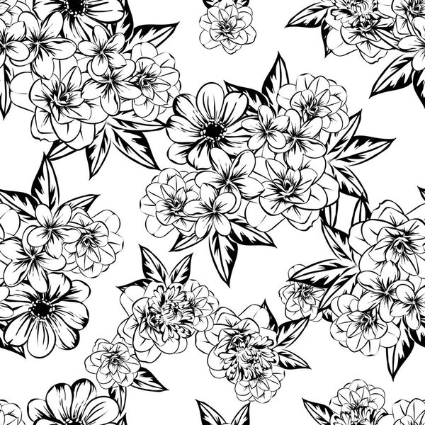 Seamless vintage style flower pattern. Floral elements in contour
