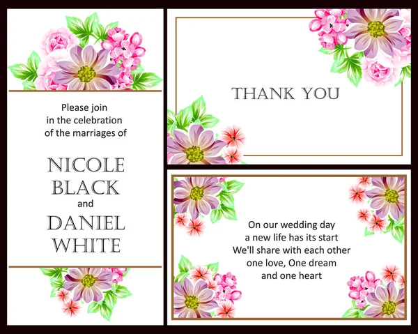 Conjunto Tarjetas Boda Flores Estilo Vintage Elementos Florales Color — Vector de stock