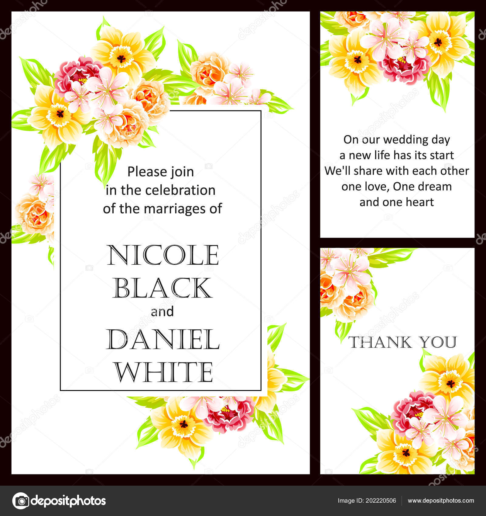 Vintage Style Flower Wedding Cards Set Floral Elements Color Stock