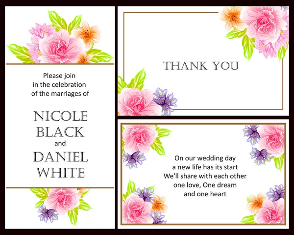 Conjunto Tarjetas Boda Flores Estilo Vintage Elementos Florales Color — Vector de stock