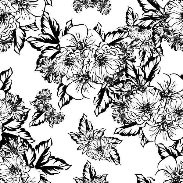 Modèle Fleur Style Vintage Sans Couture Éléments Floraux Dans Contour — Image vectorielle