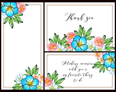 Klasik çiçek düğün kartları seti. Çiçek renginde elementler