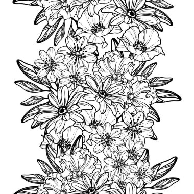 Sorunsuz vintage tarzı çiçek deseni. Kontur çiçek öğeleri