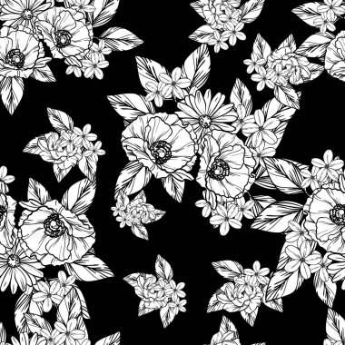 Sorunsuz vintage tarzı çiçek deseni. Kontur çiçek öğeleri