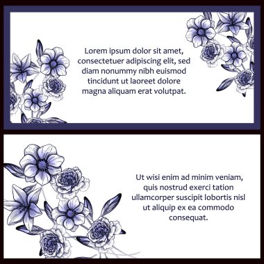 Klasik çiçek düğün kartları seti. Çiçek elementleri ve çerçeveleri.