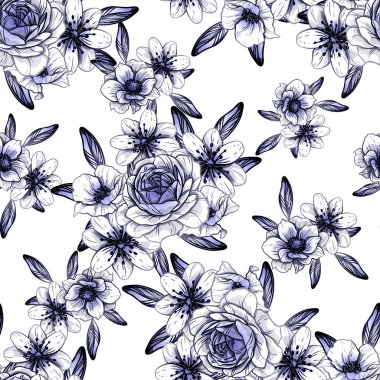 Sorunsuz vintage tarzı çiçek deseni. Kontur çiçek öğeleri