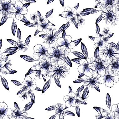 Sorunsuz vintage tarzı çiçek deseni. Kontur çiçek öğeleri