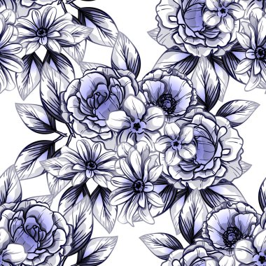 Sorunsuz vintage tarzı çiçek deseni. Kontur çiçek öğeleri