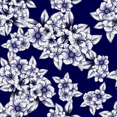 Sorunsuz vintage tarzı çiçek deseni. Kontur çiçek öğeleri