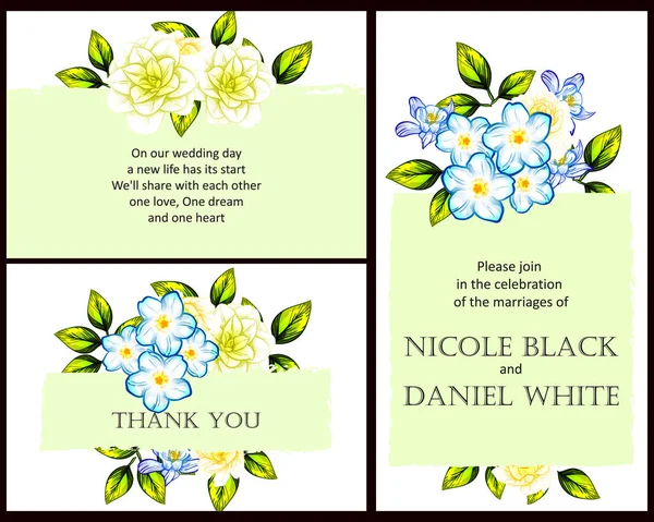 Conjunto Tarjetas Boda Flores Estilo Vintage Elementos Florales Color — Vector de stock