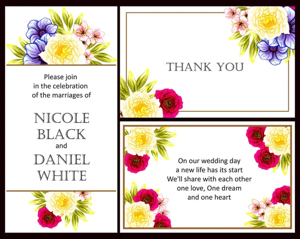 Conjunto Tarjetas Boda Flores Estilo Vintage Elementos Florales Color — Vector de stock