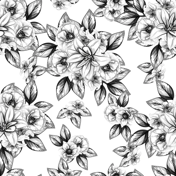 Modèle Fleur Style Vintage Sans Couture Éléments Floraux Dans Contour — Image vectorielle