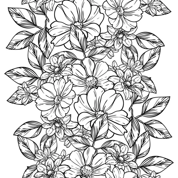 Modèle Fleur Style Vintage Sans Couture Éléments Floraux Dans Contour — Image vectorielle