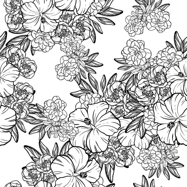 Seamless Vintage Style Flower Pattern Floral Elements Contour — Stock Vector