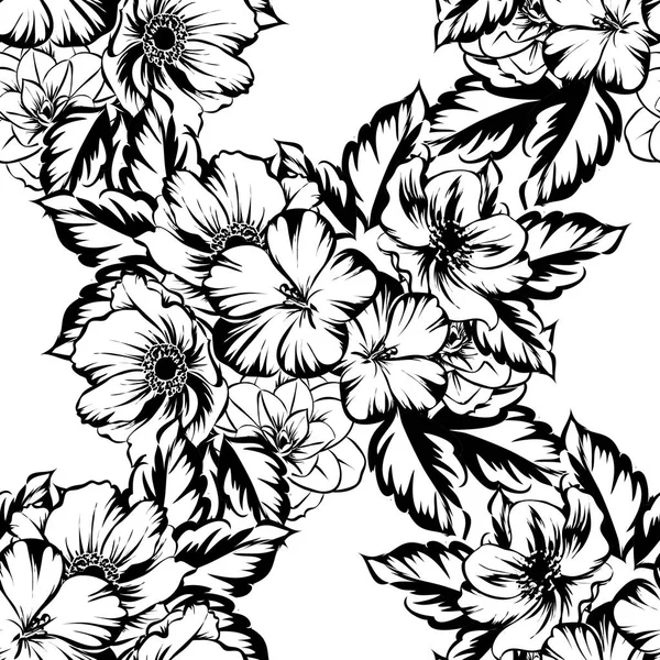 Naadloze Vintage Stijl Bloemenpatroon Floral Elementen Contour — Stockvector