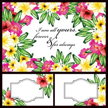 Klasik çiçek düğün kartları seti. Çiçek renginde elementler