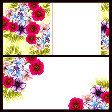 Klasik çiçek düğün kartları seti. Çiçek renginde elementler