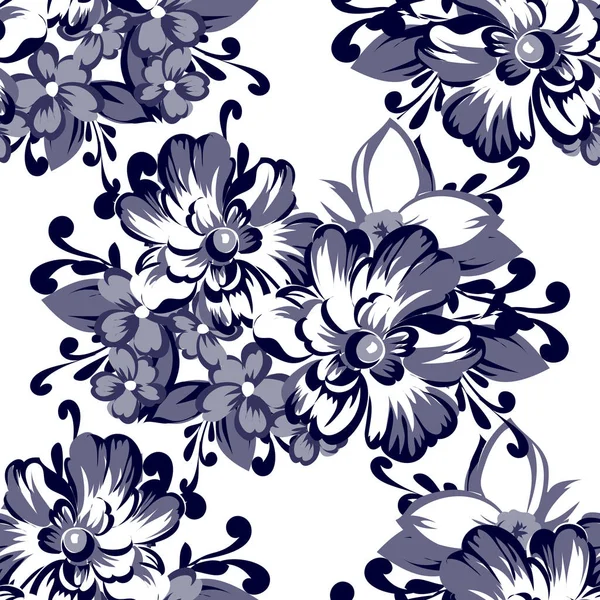 Seamless Vintage Style Flower Pattern Floral Elements Contour — Stock Vector