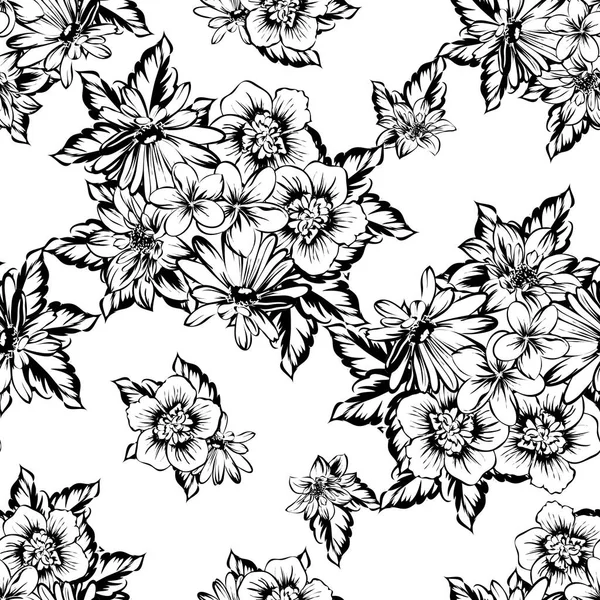 Naadloze Vintage Stijl Bloemenpatroon Floral Elementen Contour — Stockvector