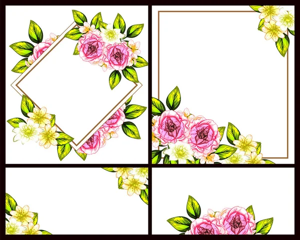 ヴィンテージスタイルの花の結婚式カードセット 花色の要素 — ストックベクタ