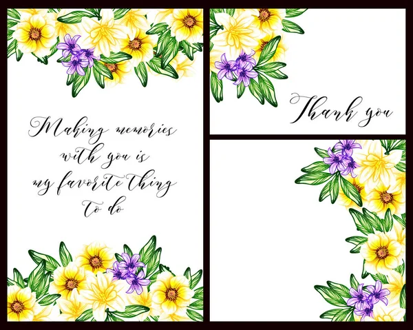 Vintage Style Flower Wedding Cards Set Floral Elements Color — Stock Vector
