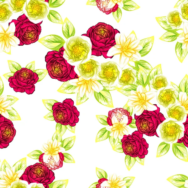 Sorunsuz Vintage Tarzı Çiçek Deseni Renkli Çiçek Öğeleri — Stok Vektör