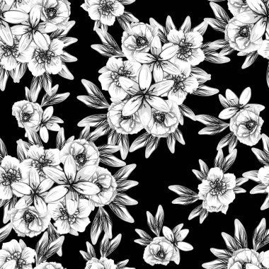 Sorunsuz vintage tarzı çiçek deseni. Kontur çiçek öğeleri