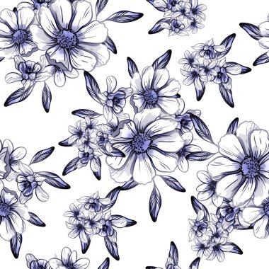 Sorunsuz vintage tarzı çiçek deseni. Kontur çiçek öğeleri