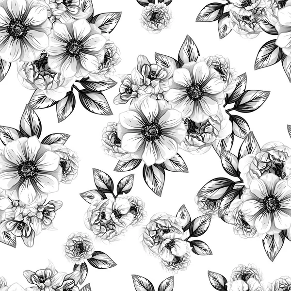 Naadloze Vintage Stijl Bloemenpatroon Floral Elementen Contour — Stockvector