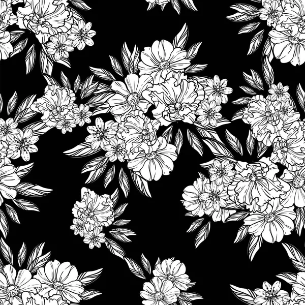 Naadloze Vintage Stijl Bloemenpatroon Floral Elementen Contour — Stockvector