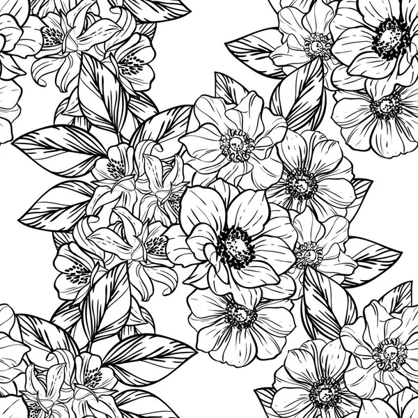 Naadloze Vintage Stijl Bloemenpatroon Floral Elementen Contour — Stockvector